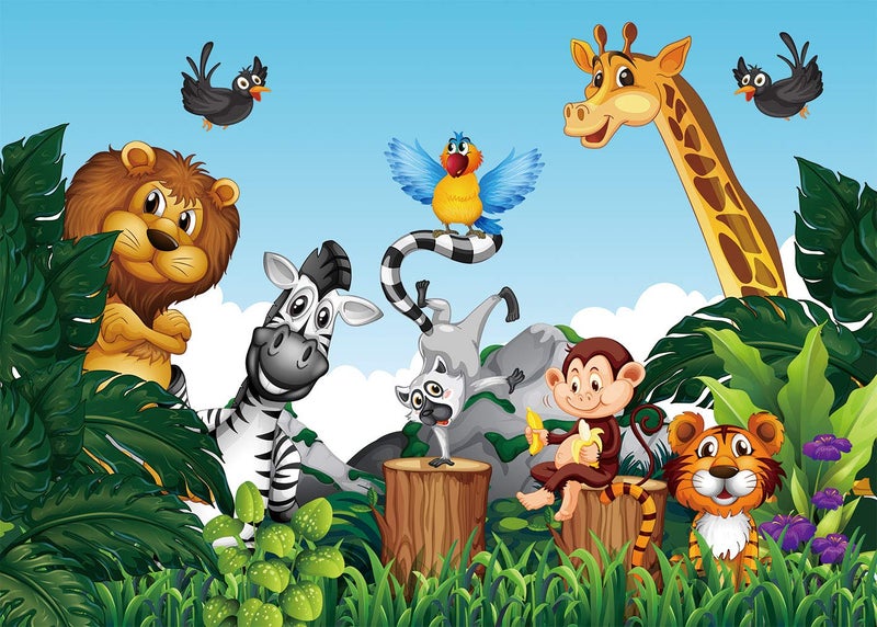 nn Jungle Animals Backdrop Cartoon Forest Animals Theme Party Photo Background Kids Children Newborn Birthday Baby Shower Decoration Photography Props 7x5FT - Image 2